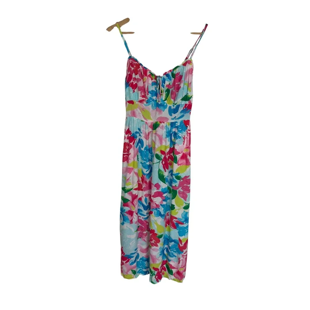Old Navy Womens XS Floral Midi Dress Pink Blue Smocked Back Pockets Sundress - Picture 9 of 12
